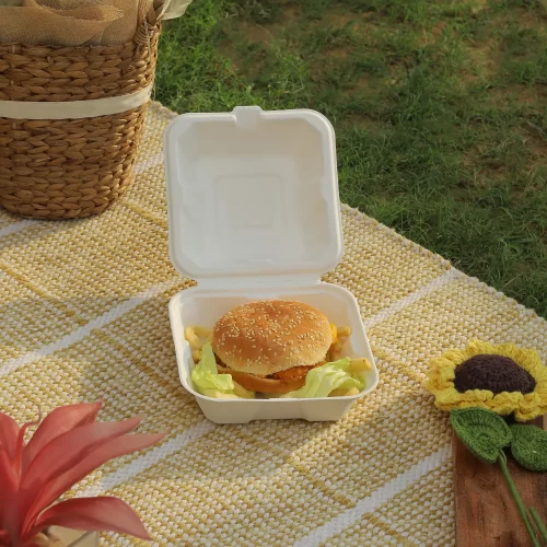 one burger placed inside of a sugarcane bagasse burger box